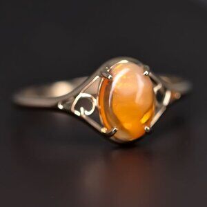 Vintage Inspired Egg Fire Opal Engagement Ring 14K Yellow Gold